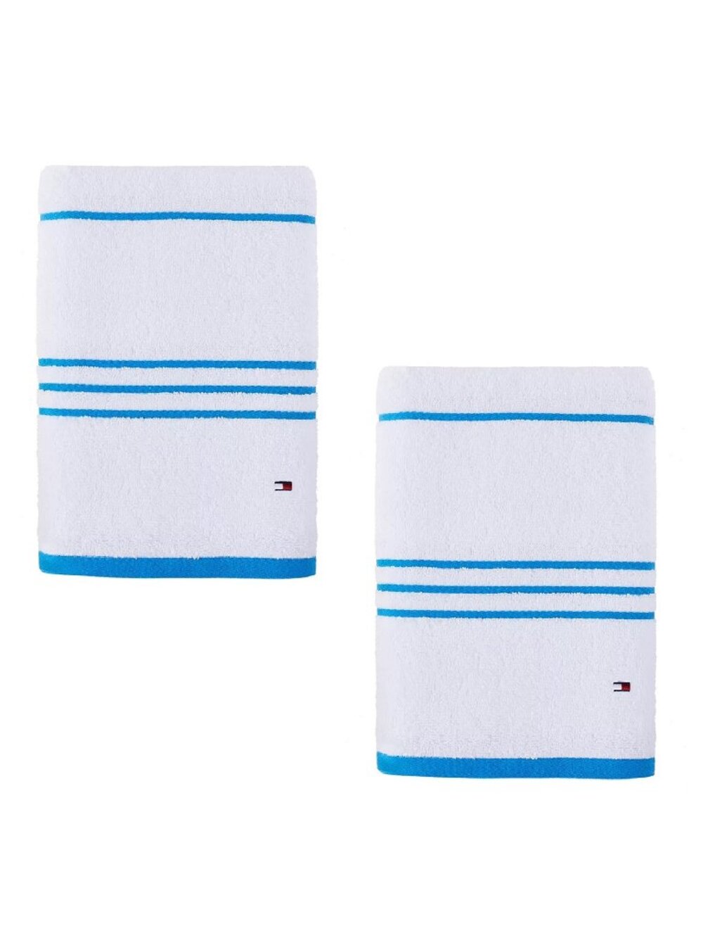 2 new Tommy Hilfiger American 90% Cotton BATH Towels WHITE w/ BLUE STRIPE